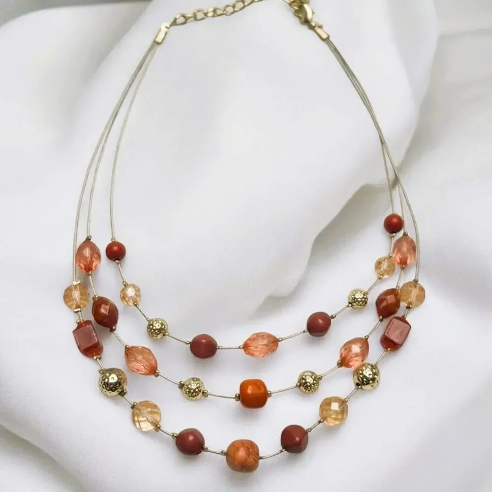 Vintage Multi-Strand Gold Wire Floating Orange, Amber Beaded Statement Necklace